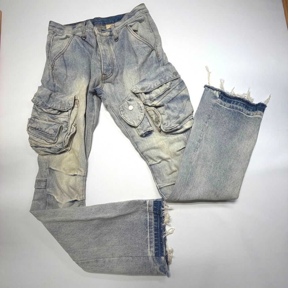 MNML Acid Wash Cargo Jeans Size 31 Baggy Y2K Utility Denim